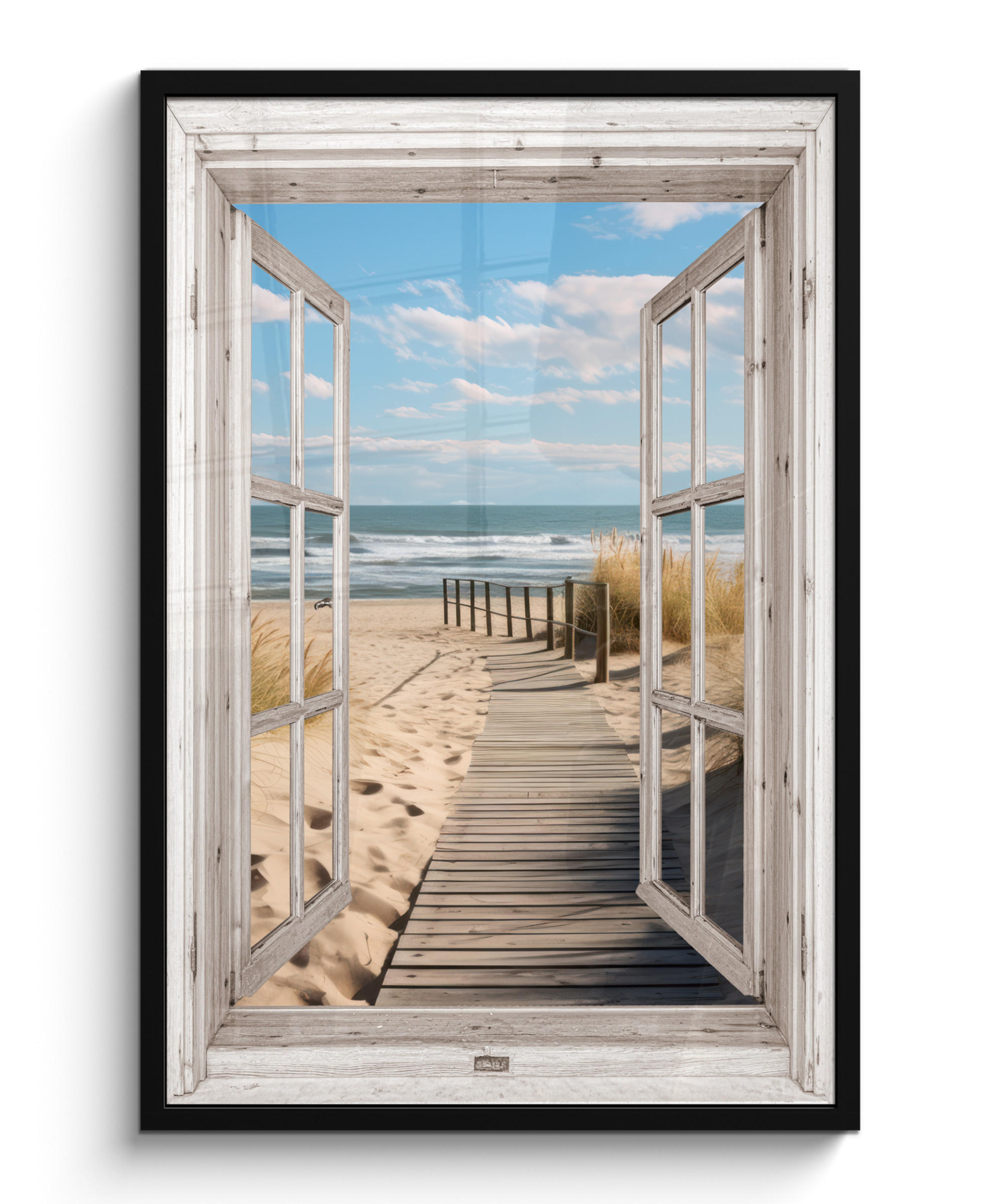 POSTER MIT RAHMEN Fenster - Meer - Küste - Natur - Ausblick - Strand - Wattenmeer 60x90 cm - Beige, Papier (60/90cm) - MuchoWow