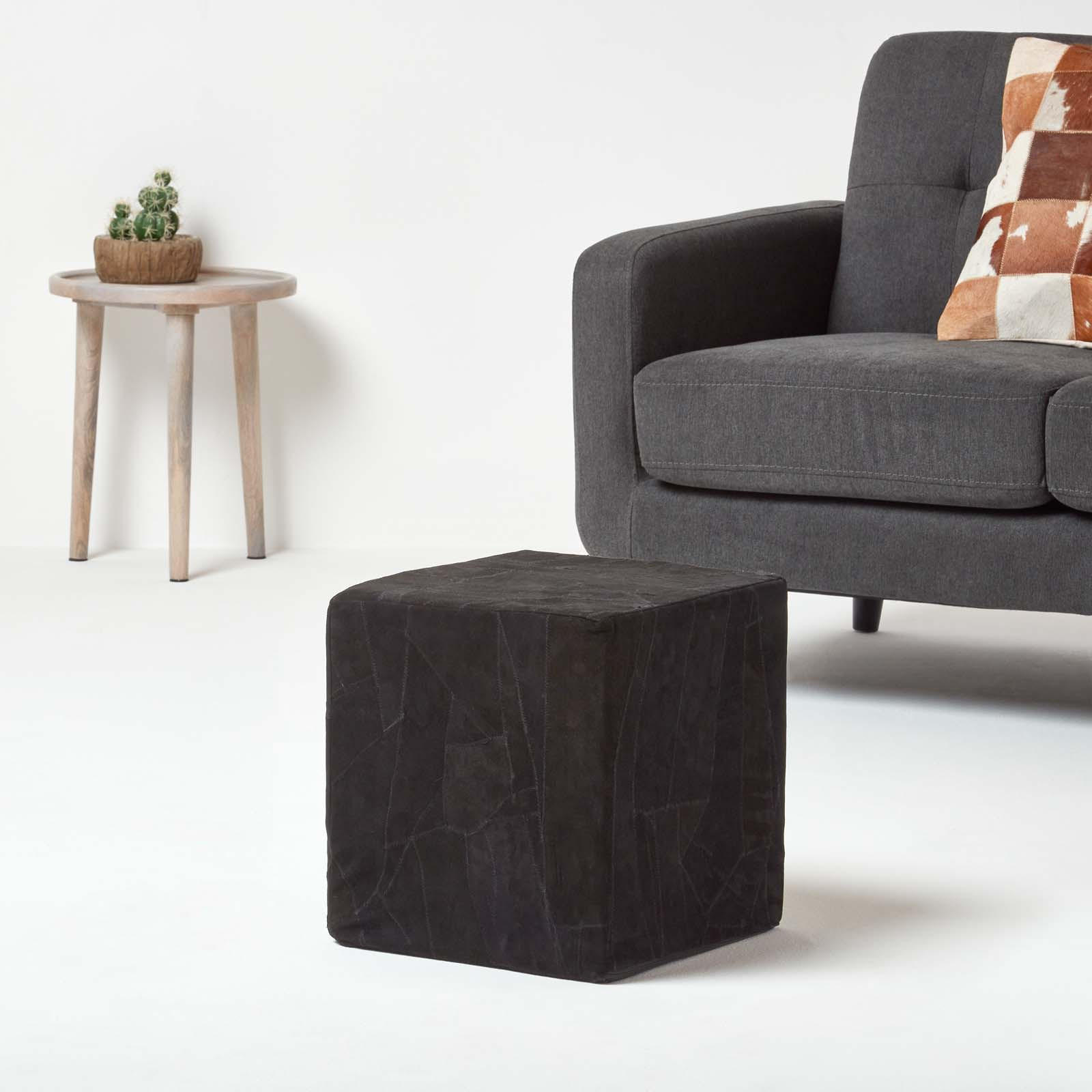 PATCHWORK-HOCKER Leder schwarz, Sitzwürfel 36/36/38 cm - Schwarz, Leder (36/38/36cm) - Homescapes