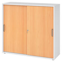 SCHIEBETÜRENSCHRANK - 3 Ordnerhöhen 40/120/110 cm in Weiß/Buchefarben Streifengriff (Kunststoff) - Buchefarben/Weiß, Holzwerkstoff (120/110/40cm) - bümö