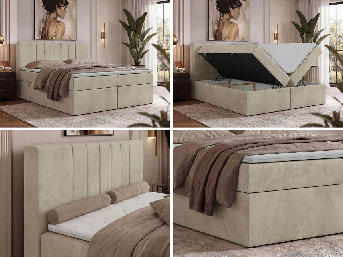 BOXBETT INERO 160/200 - Beige Velvet - Topper Visco - H3 - Beige/Schwarz, Kunststoff/Textil (160/200cm) - MKS