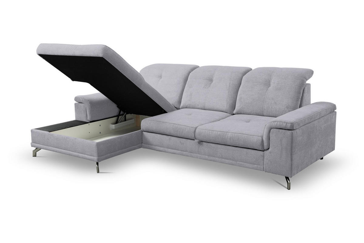 ECKSOFA PANAMA mit Schlaffunktion und Bettkasten, Farbe: Hellgrau, Velourstoff, Ottomane Links - Hellgrau, Textil (270/180cm) - VENASI MÖBEL