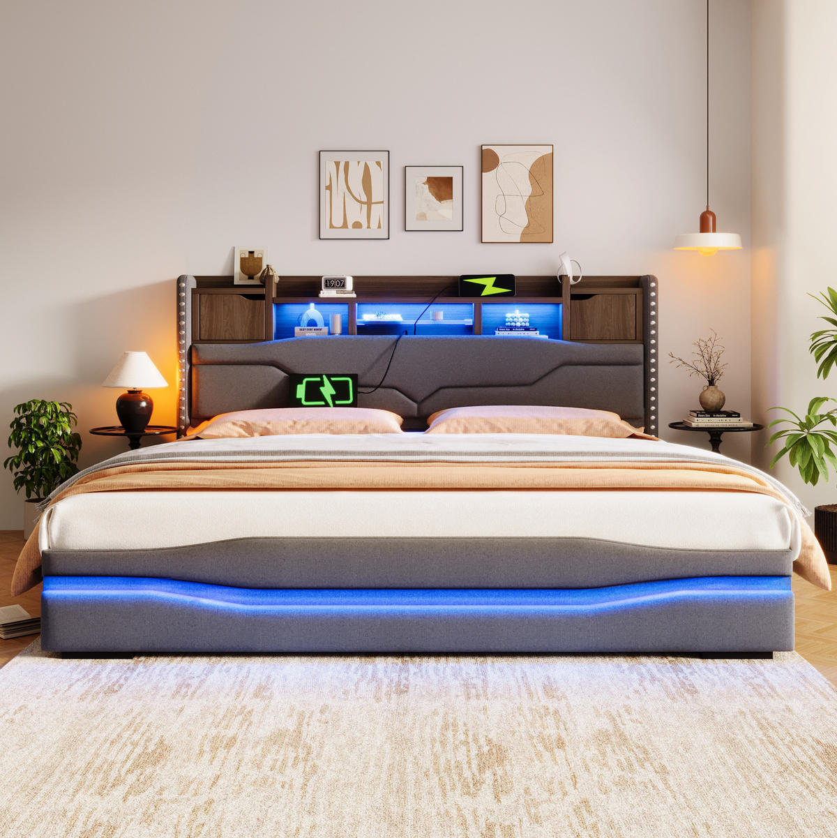 ČALÚNENÁ posteľ 180/200 cm s LED osvetlením, USB/Type-C nabíjaním a hydraulickým úložným priestorom, Sivá - sivá, textil (180/200cm) - Redom