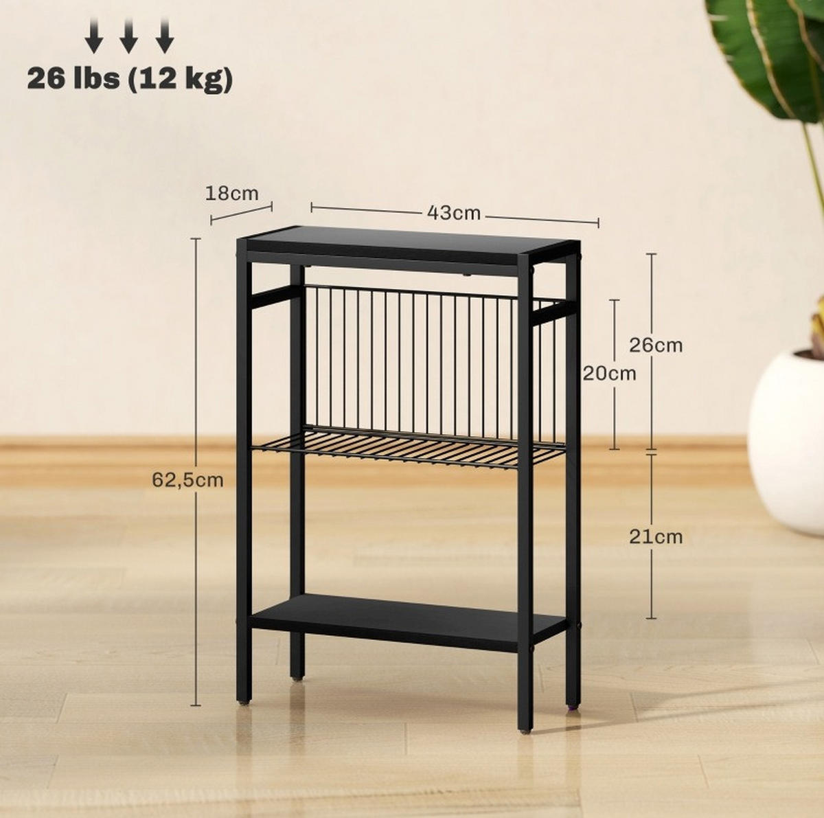 BEISTELLTISCH mit Stahlrahmen 43x18x62,5 cm Schwarz mit 3 Ablagen - Schwarz, Holzwerkstoff (43/18/62.5cm) - IVMEU