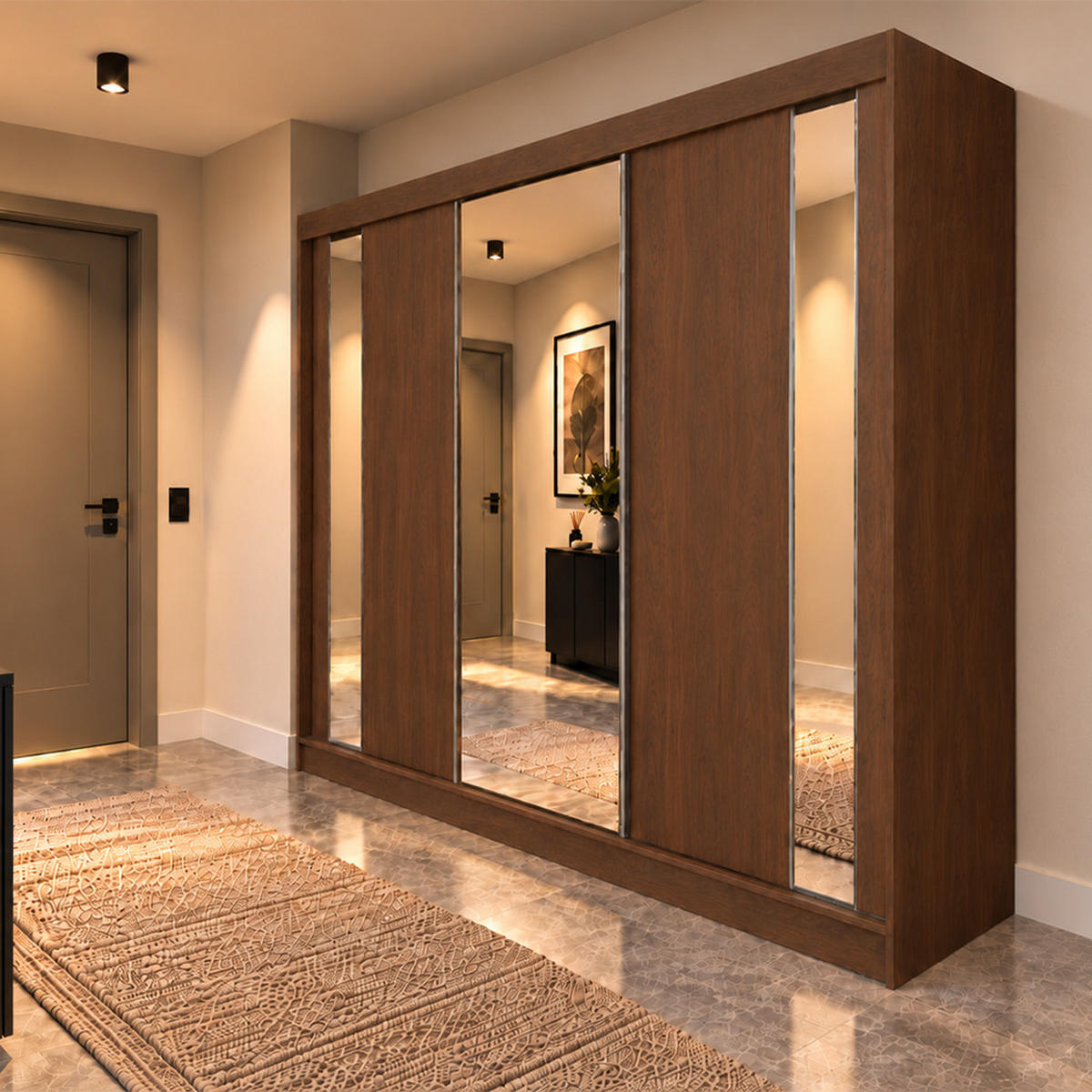 KLEIDERSCHRANK Gloria 240 cm Nussbaum Warmia Spiegel 4 Schubl. Griffe schwarz - Nussbaumfarben, Holzwerkstoff (240/216/61cm) - KS Home Concept