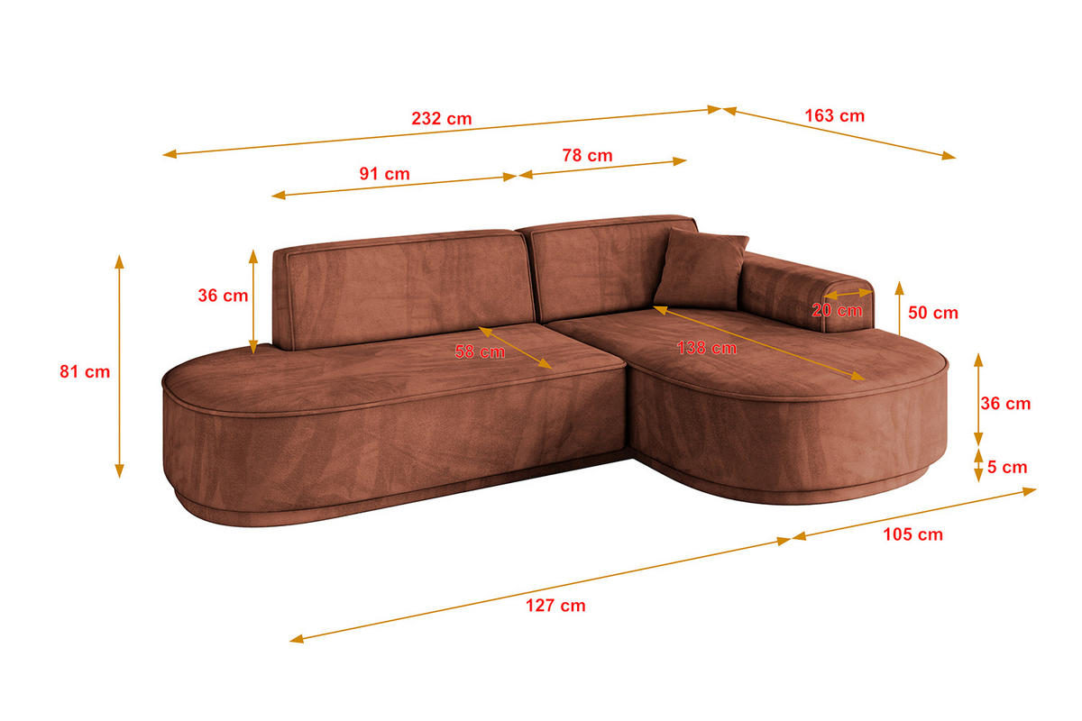 ECKSOFA Ottomane Rechts MARI-L1-v3 - 232x163x81 cm Koralle Velours - Koralle/Schwarz, Holzwerkstoff/Kunststoff (232/163cm) - ALTDECOR