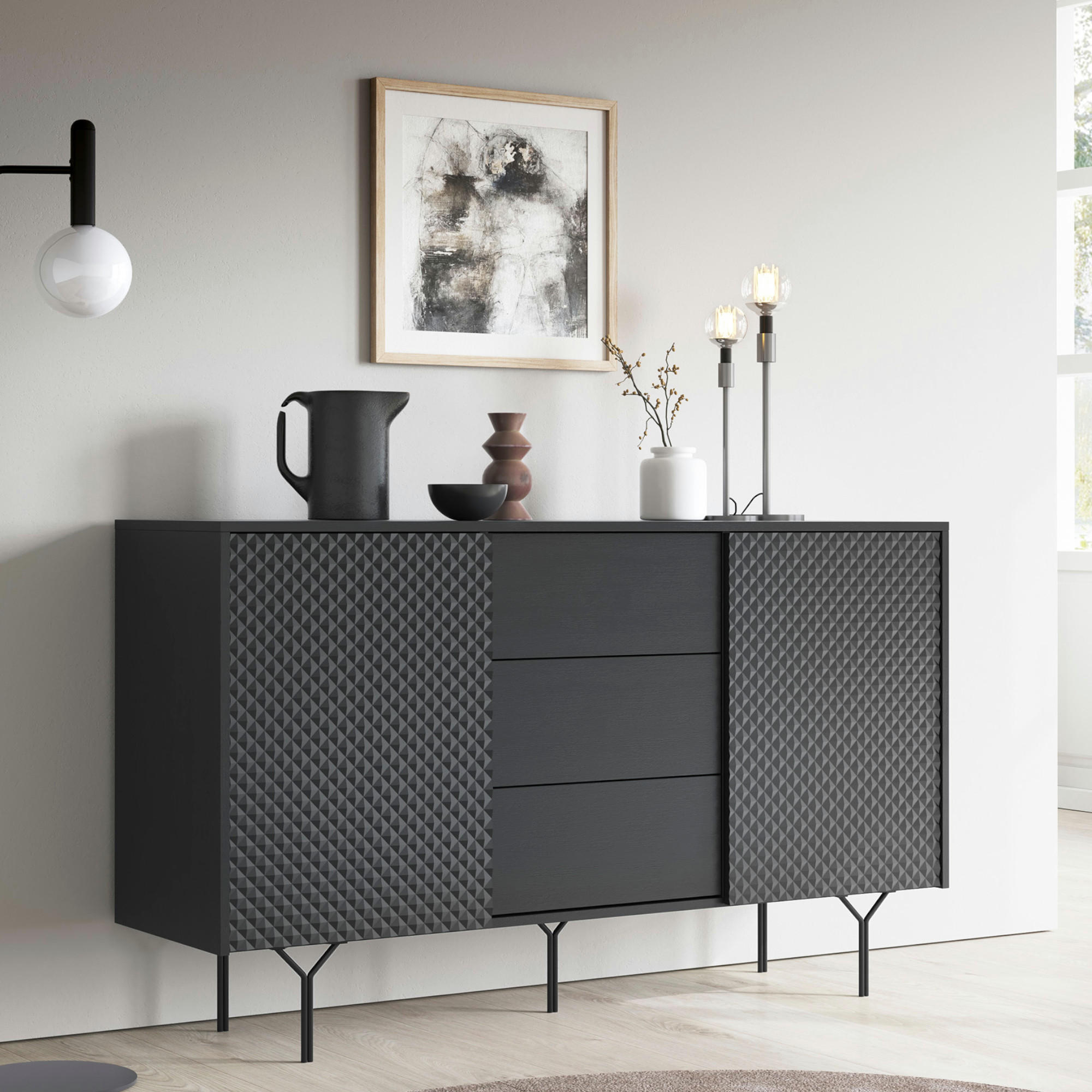 SIDEBOARD ORILLIA KOM2-2D3S Fräste Fronten, Schwarz - Schwarz, Holzwerkstoff/Kunststoff (144/83/38cm) - Komodee
