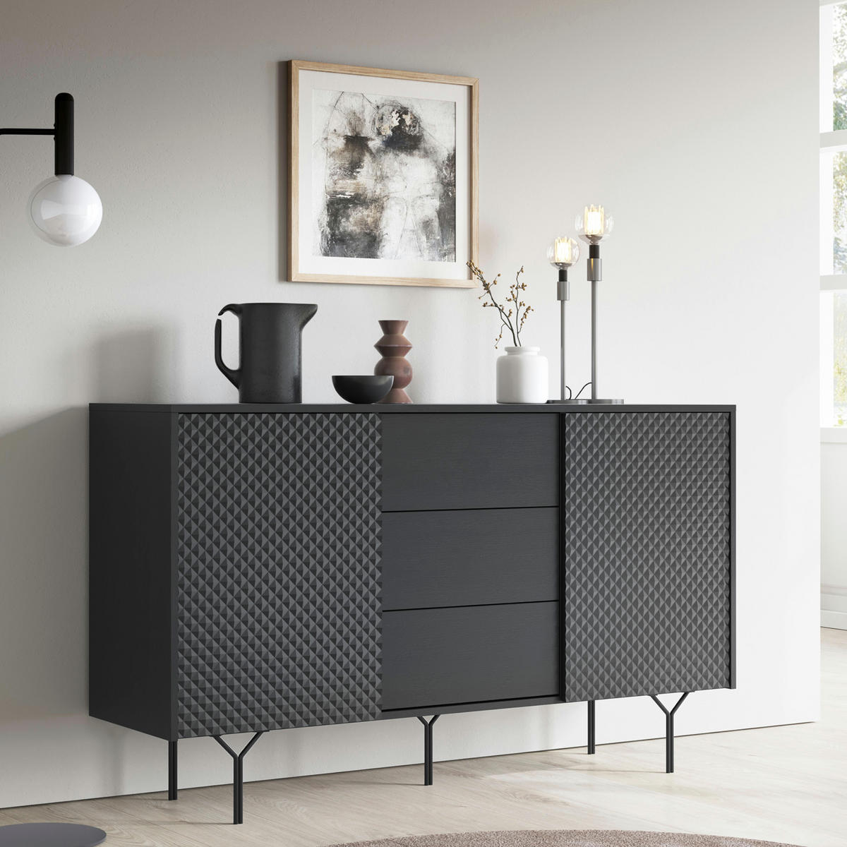 SIDEBOARD ORILLIA KOM2-2D3S Fräste Fronten, Schwarz - Schwarz, Holzwerkstoff/Kunststoff (144/83/38cm) - Komodee