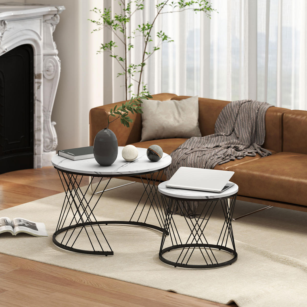 COUCHTISCHE im 2er-Set, Marmoroptik, Spanplatte, Metall, runde Kaffeetische für Wohnzimmer, ineinanderstellbar, Weiß - Weiß, Holzwerkstoff (70/70/46.5cm)