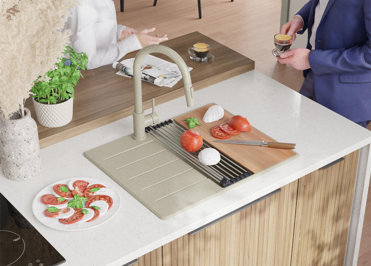 SPÜLBECKEN Kopenhagen, 2-er set Beige 62/50 cm 1 Becken + Ablauf-Set + Schneidebrett ab 45er Unterschrank - Beige, Kunststoff (62/20/50cm) - Primagran