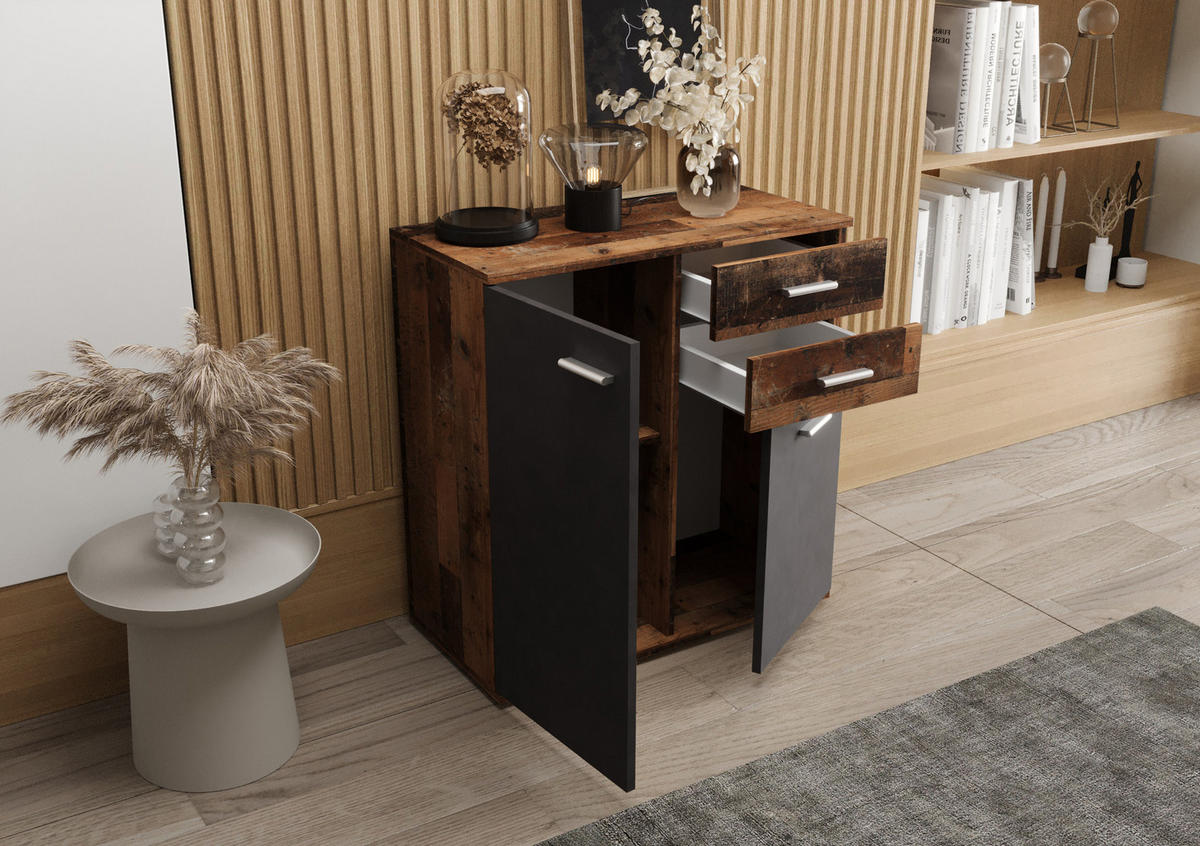 KOMMODE London LMK 2D2S mit 2 Türen, Sideboard in Farbe: Dunkelbraun|Schwarz, Größe: 71 x 75 x 35 cm - Dunkelbraun/Schwarz, Holzwerkstoff (71/75/35cm) - O-Sofa