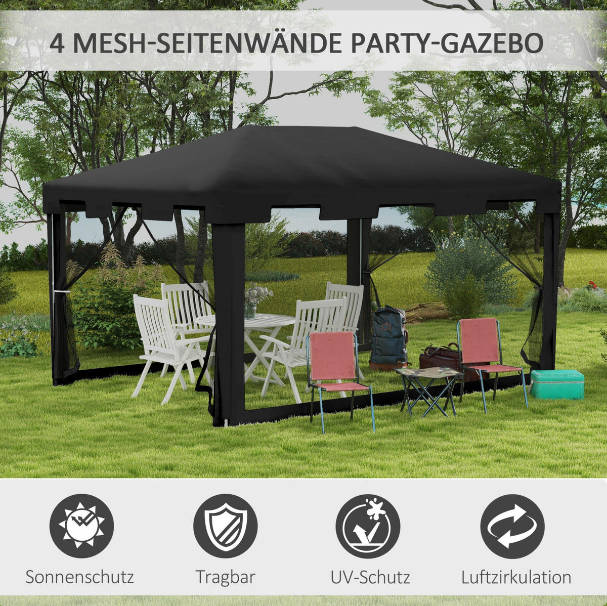 PAVILLON 395/295/255 cm dunkelgrau aus Metall mit PE-Dach und Moskitonetzen - Dunkelgrau, Metall (295/255/395cm) - OKWISH