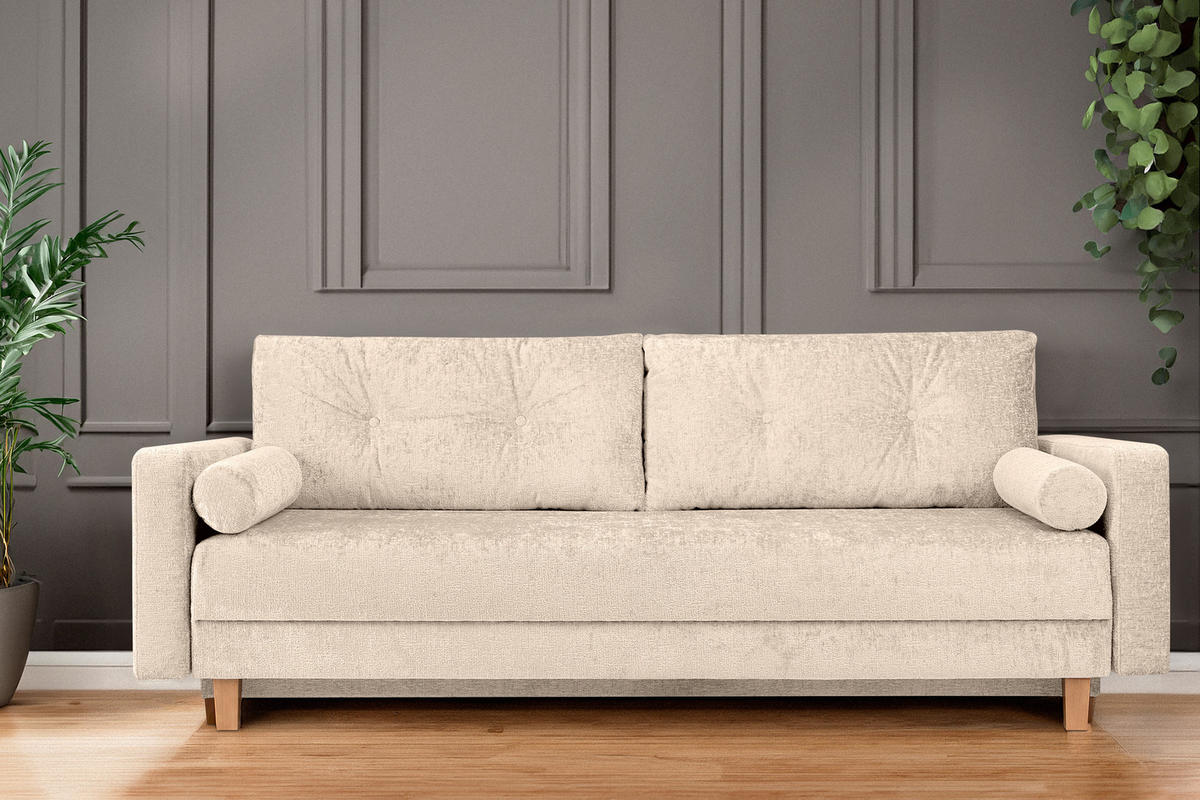 3-SITZER-SCHLAFSOFA ERISO mit weiche Sitzfläche und hohe Rückenlehne, Chenille-Stoff, ecru - Ecru/Braun, Textil (220/80/100cm) - KONSIMO®