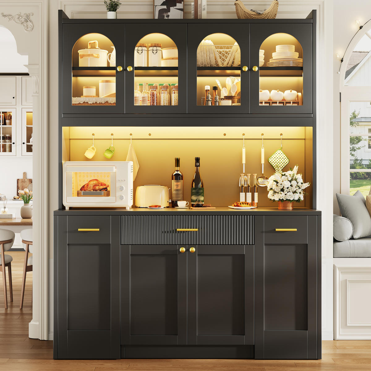 HIGHBOARD Schwarz 120×40×187 cm mit RGB-LED und Glasvitrinen aus Holzwerkstoff - Schwarz, Holzwerkstoff (120/187/40cm) - Luhomfu