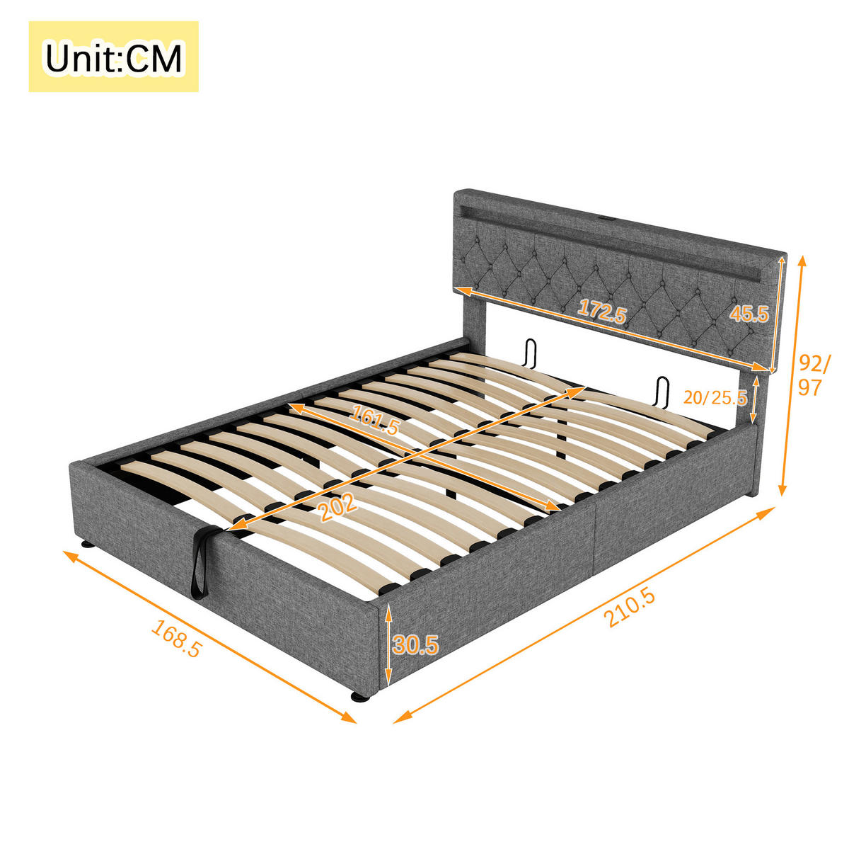 POLSTERBETT aus Leinen 160x200 cm in Grau mit LED-Beleuchtung & USB-C - Grau, Textil (160/200cm) - Modfu
