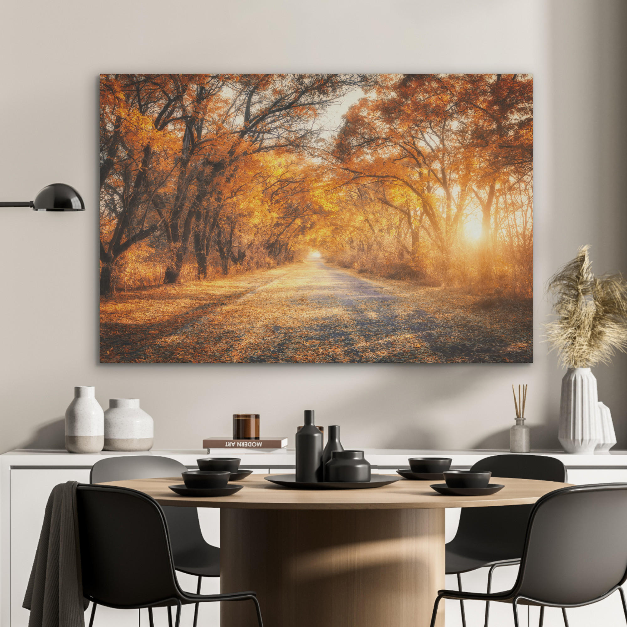 AKUSTIKPANEEL Wald - Herbst - Bäume - Waldweg - Natur 100x70 cm - Bernsteinfarben, Textil (100/0.9/70cm) - MuchoWow