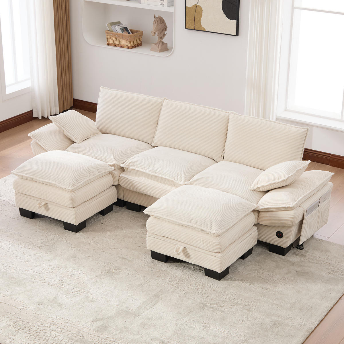 3-SITZER Sofa aus Corduroy 260x132x84 cm mit USB-C & Seitentaschen, beige - Beige, Textil (132/84/260cm)