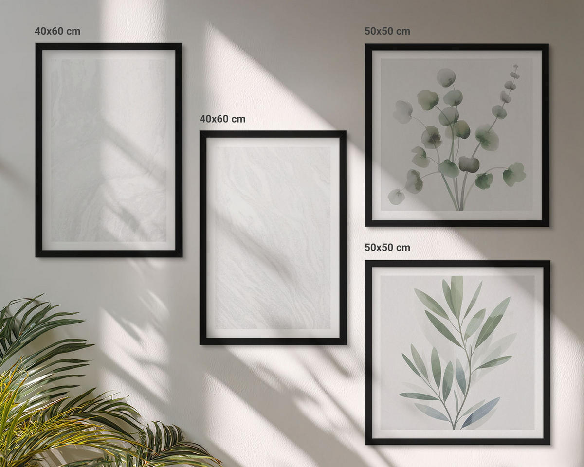 BILDER SET 4er Set - 50x50 cm & 40x60 cm Schwarzer Rahmen - Marmorstruktur, pastellfarbene Zweige - Schwarz, Kunststoff (50/50cm) - TULUP