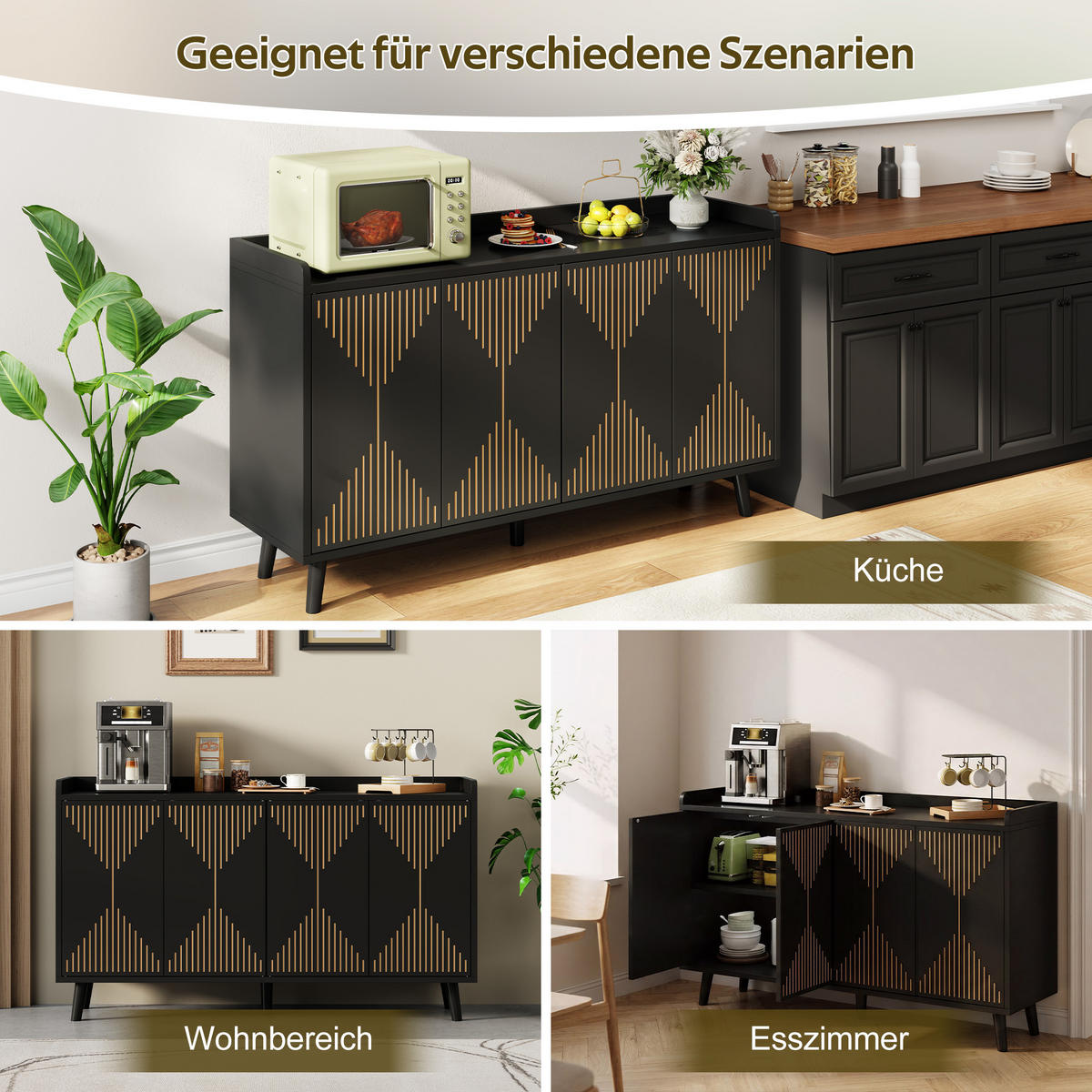 SIDEBOARD DE-38640 140/40/84 cm 4 Türen und verstellbare Böden Schwarz - Schwarz, Holzwerkstoff (140/84/40cm) - ComfortXL