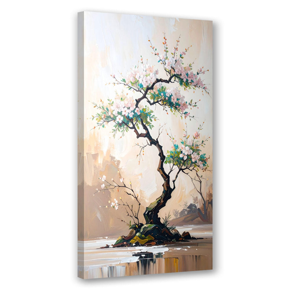 LEINWANDBILD Bonsai-Baum Weiße Blumen Zweige 60x120cm - Grau, Textil (60/120cm) - Feeby