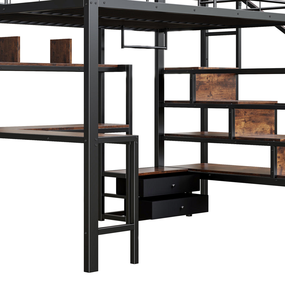 HOCHBETT 140/200 cm mit Eisenrahmen Schwarz, Schreibtisch, Stauraumtreppe und LED-Licht - Schwarz, Metall