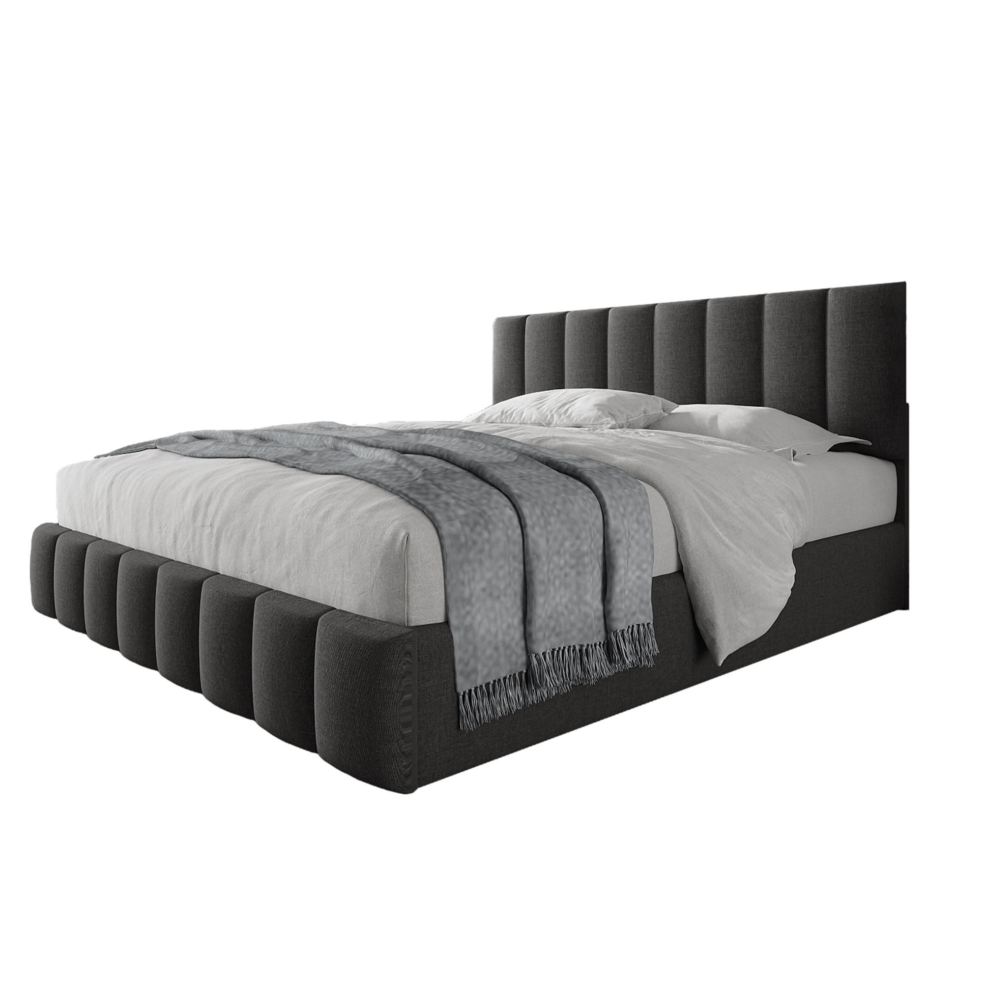 POLSTERBETT 140/200 cm in Grau mit Stauraum, verstellbarem Kopfteil und Matratze aus Leinen - Grau, Holzwerkstoff/Textil (140/200cm) - CHICFURN