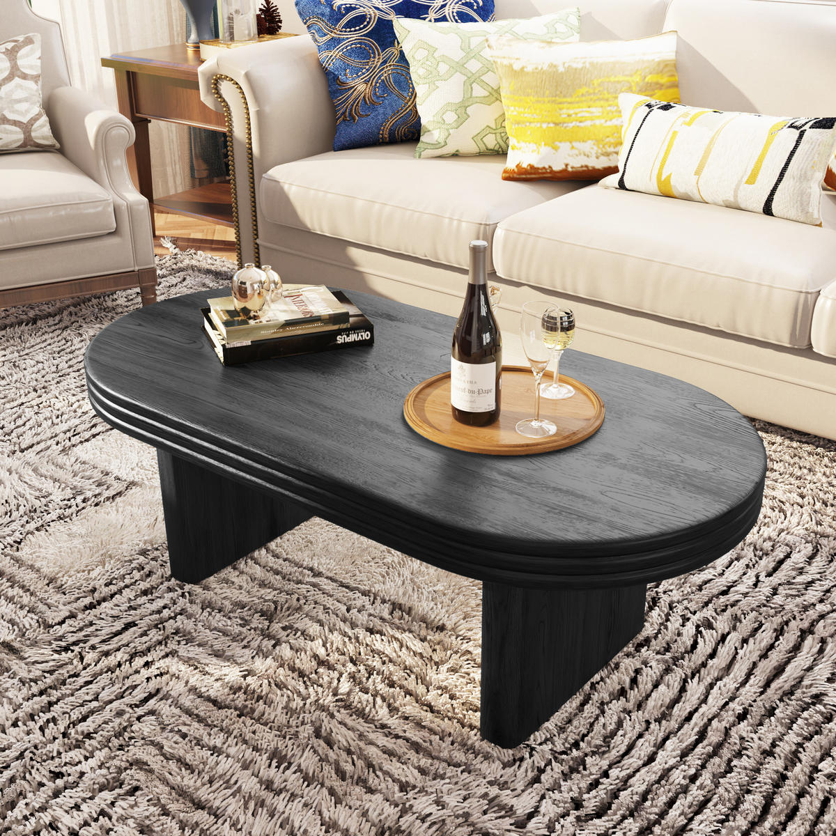 COUCHTISCH 120/60/41,5 cm Schwarz aus MDF mit ovalem Design und robustem Aufbau - Schwarz, Holzwerkstoff (120/60/41.5cm) - OKWISH