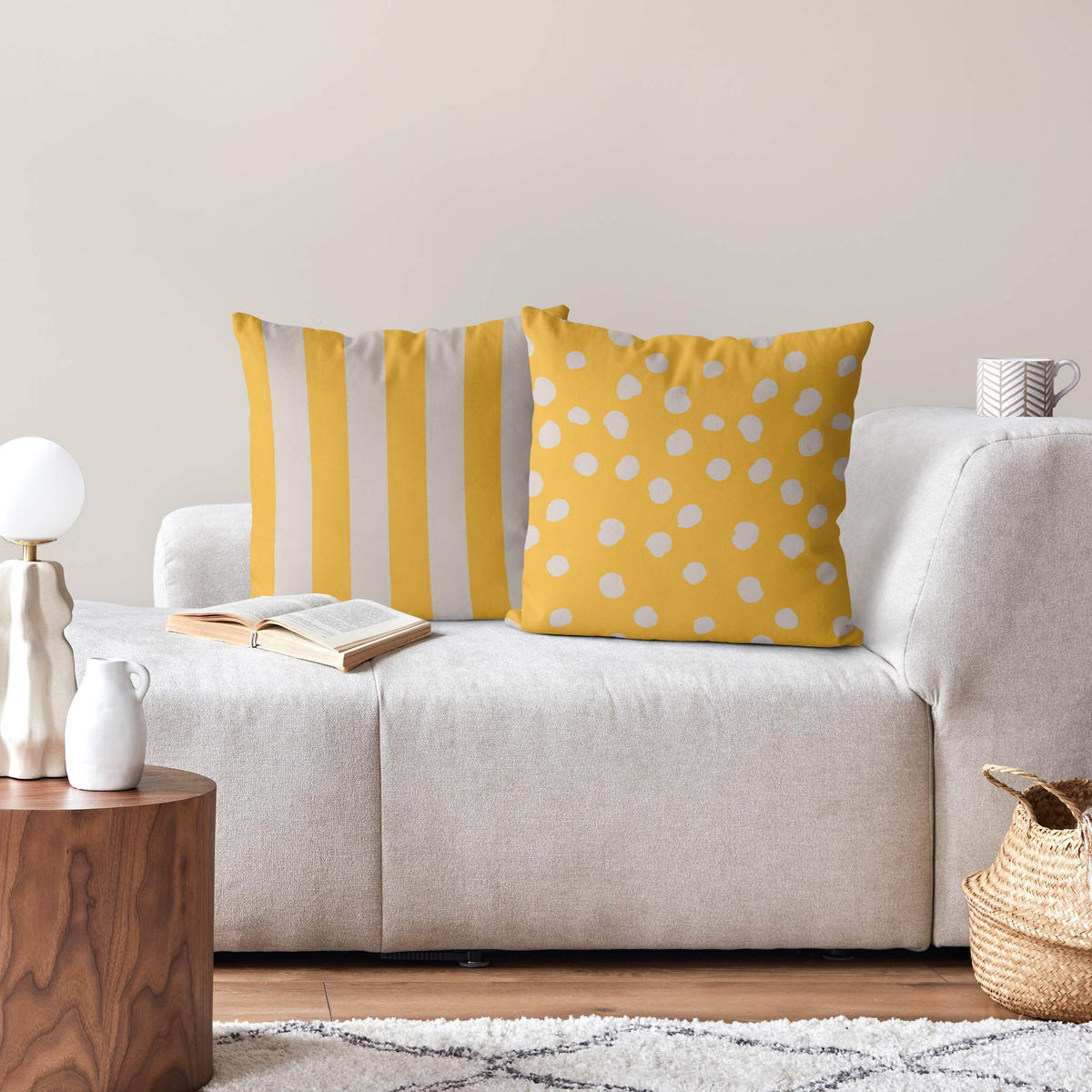 DEKOKISSEN 2er-Set Mighty Mango Punkte und Streifen Duo 50/50 cm - Gelb, Textil (50/50cm) - Bilderwelten