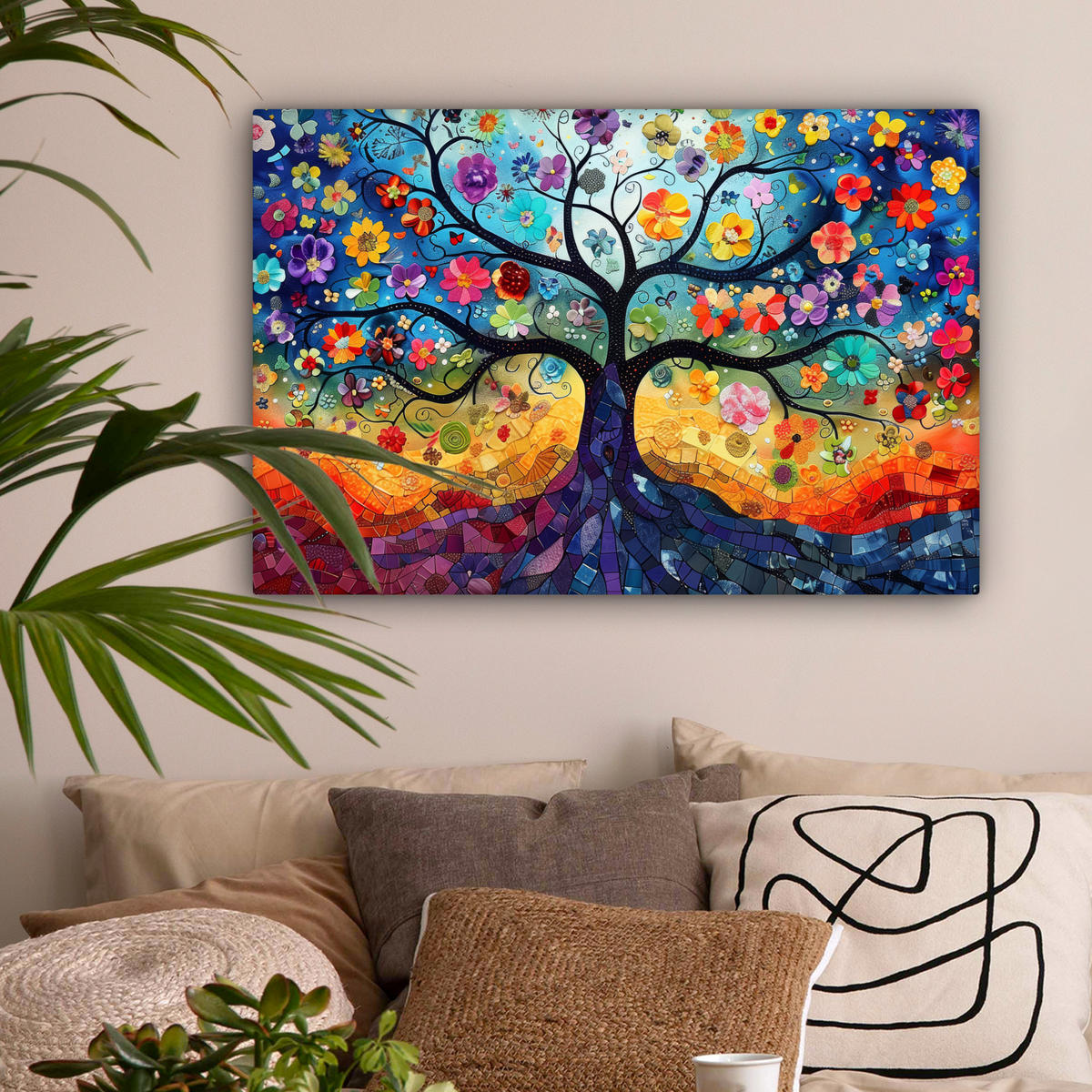 OBRAZ NA PLÁTNĚ Umění - Strom života - Květiny - Hippie 90x60 cm - tmavě modrá, textil (90/60cm) - MuchoWow