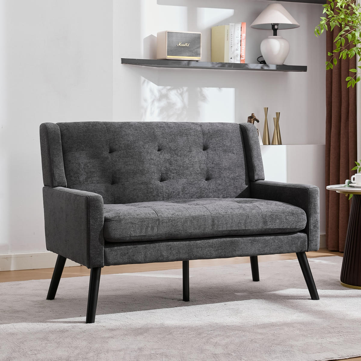 SITZBANK 2-Sitzer Leinenpolster mit Knopfsteppung, Massivholzbeinen 119/75/88 cm Dunkelgrau - Dunkelgrau, Textil (75/88/119cm) - Redom