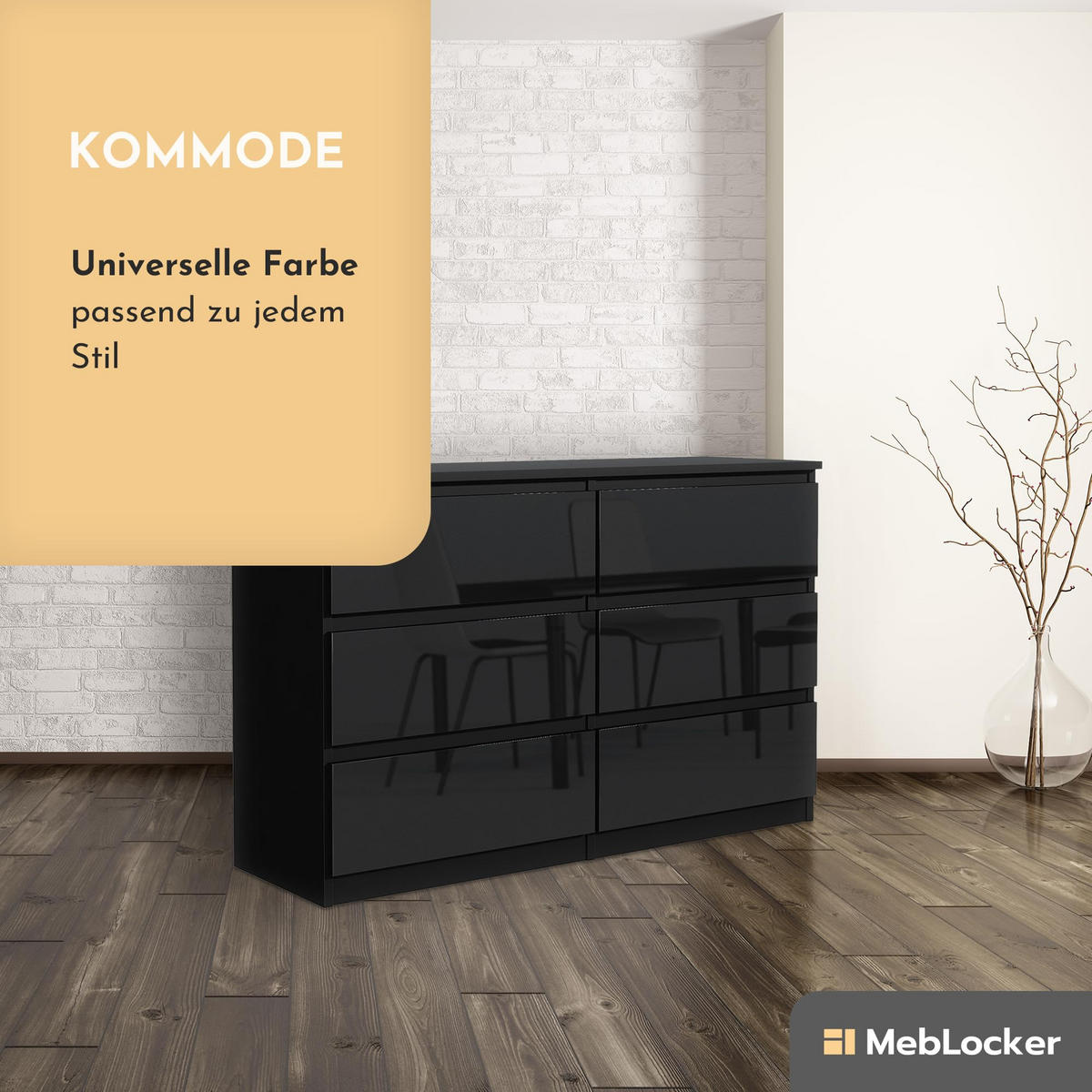 KOMMODE mit 6 Schubladen 120cm Schwarz mit HochglanzFronte - Schwarz Hochglanz, Holzwerkstoff (120/78.5/39cm) - MebLocker