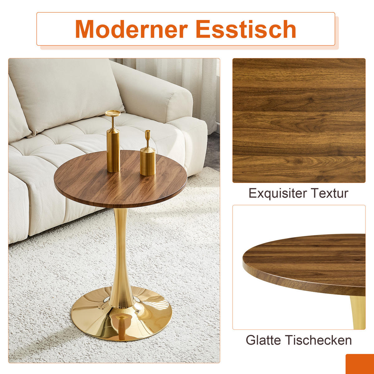 BEISTELLTISCH 60/60/72 cm goldfarben/walnuss aus MDF und Metall mit runder Tischplatte - Goldfarben, Holzwerkstoff (60/60/72cm) - OKWISH