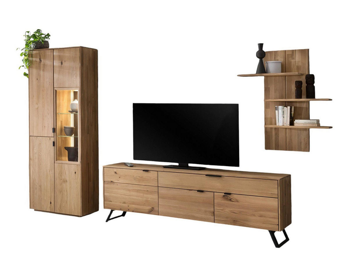 WOHNWAND Massivholz Idalia 280x203x45 Wohnzimmerschrank Wildeiche Bianco geölt - Naturfarben, Holz (280/203/45cm) - 58aufmkessel