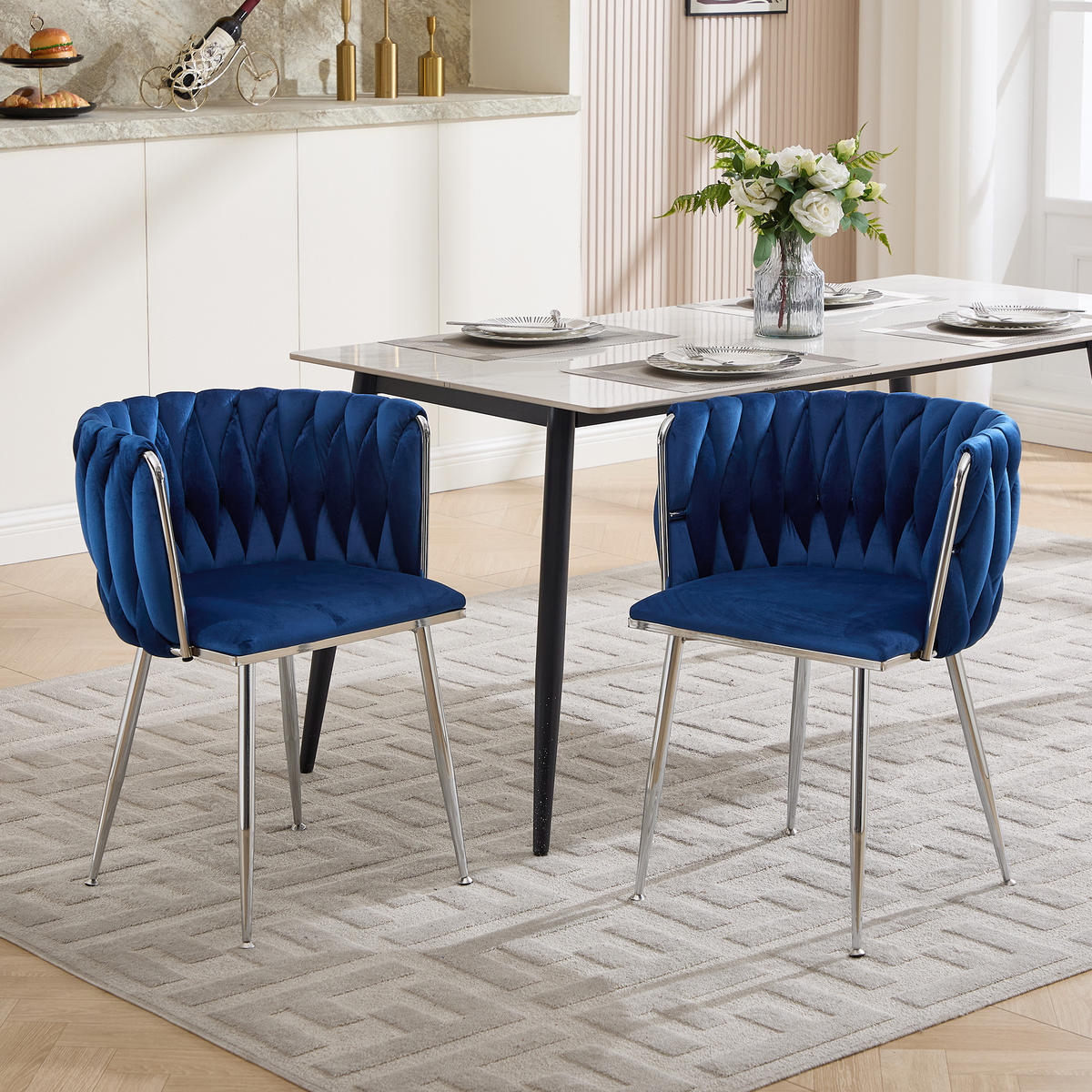 ARMLEHNSTUHL-SET DE-36443 2 Stück mit Samtbezug und Web-Design Marineblau - Blau, Metall (48/75/55cm) - ComfortXL