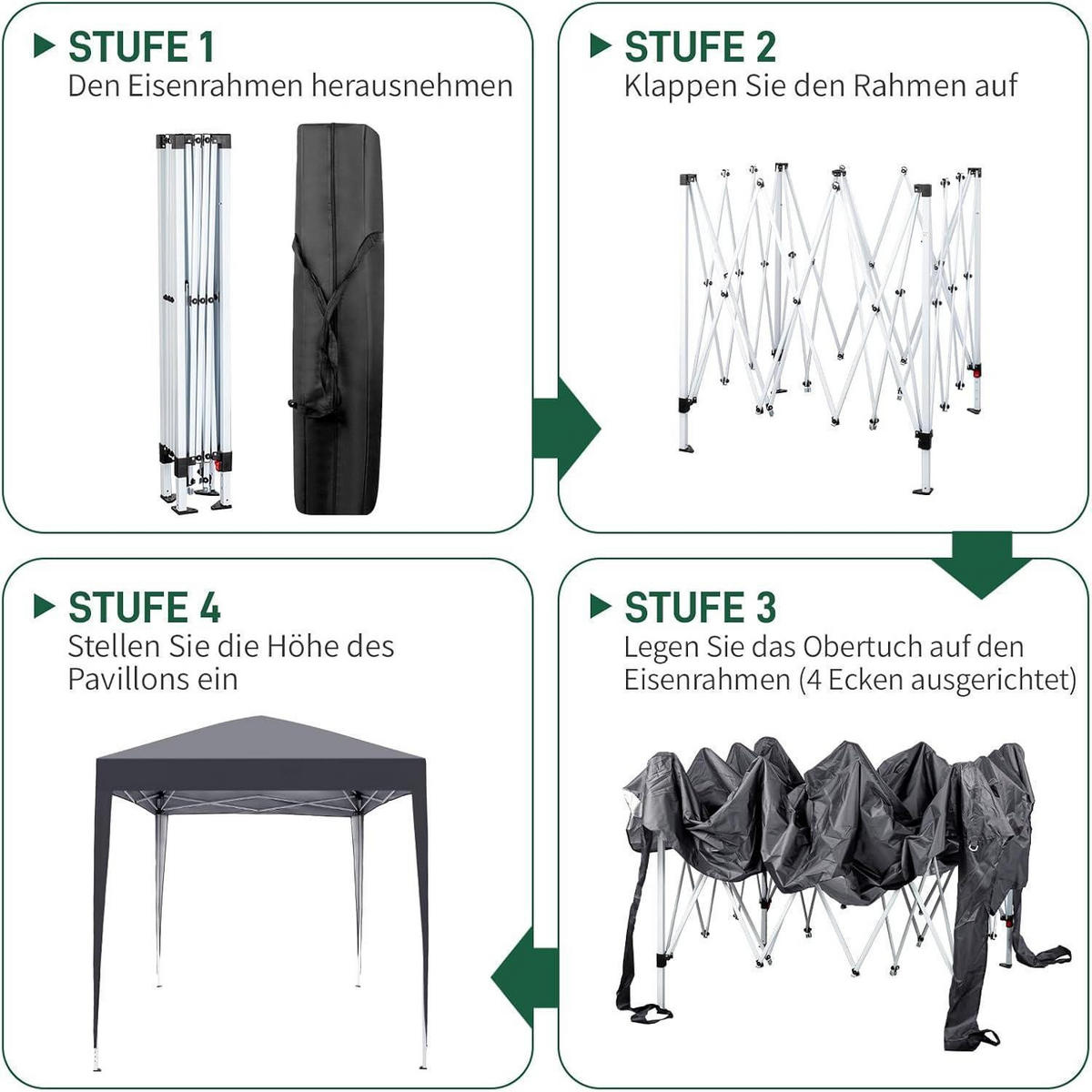 FALTPAVILLON 2 x 2 m Grau mit 4 Seitenteilen - Schwarz, Textil (200/255/200cm)