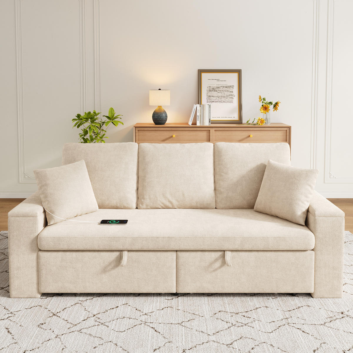 SCHLAFSOFA mit Schlaffunktion, Stauraum, USB & Type-C in Beige - Beige, Textil (210.5/93/192cm) - EVRYAE