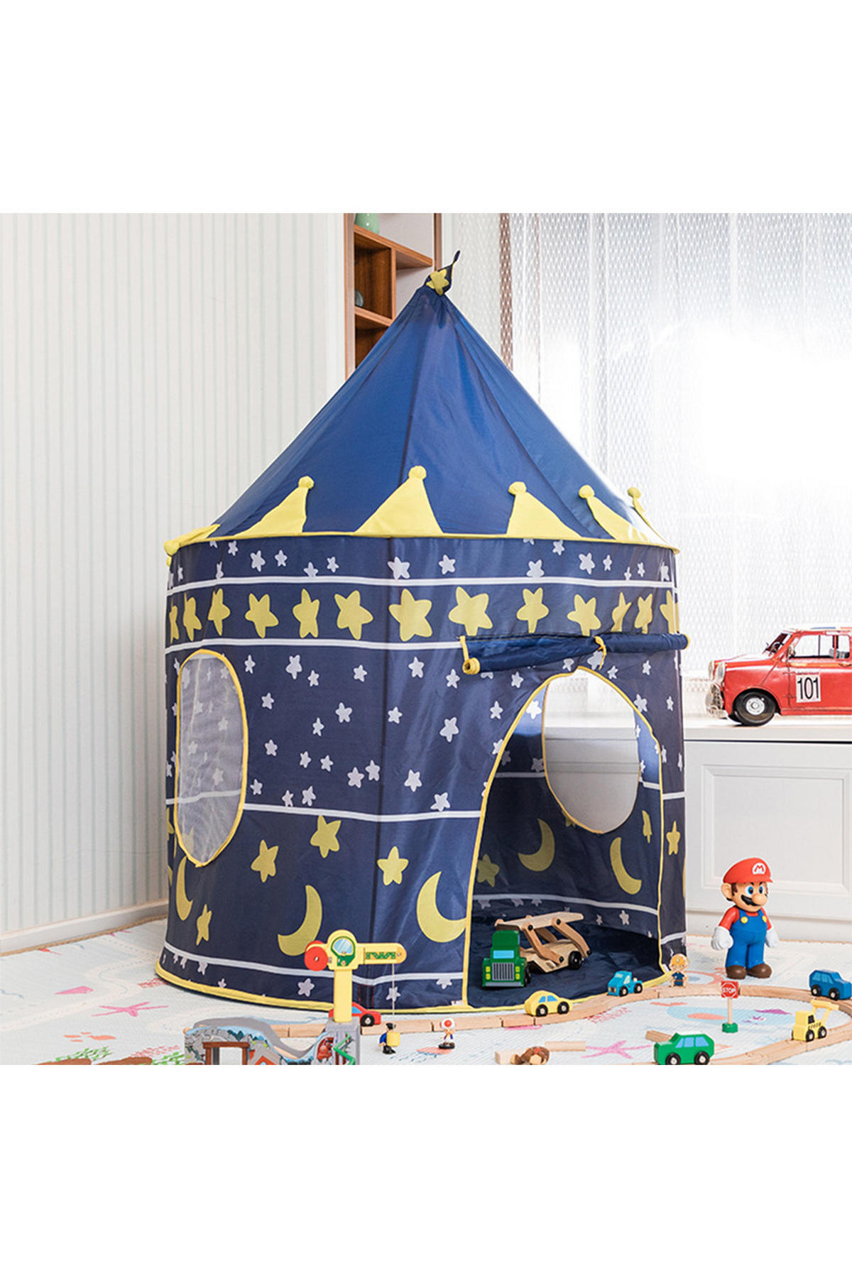 KINDERZELT Nachthimmel-Motiv aus Polyester in Dunkelblau Faltbar Geräumiger Innenraum Praktisch 105 x 105 x 135 cm - Dunkelblau, Kunststoff (105/105cm) - Livingandhome