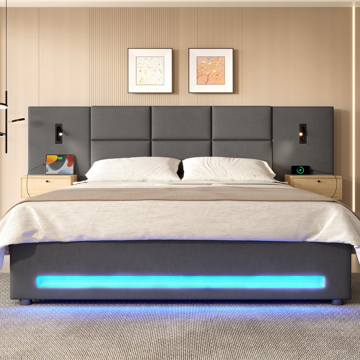 BETT mit Stauraum 180x200 cm Samt Dunkelgrau mit USB-C und LED - Dunkelgrau, Metall (180/200cm) - Meubliv