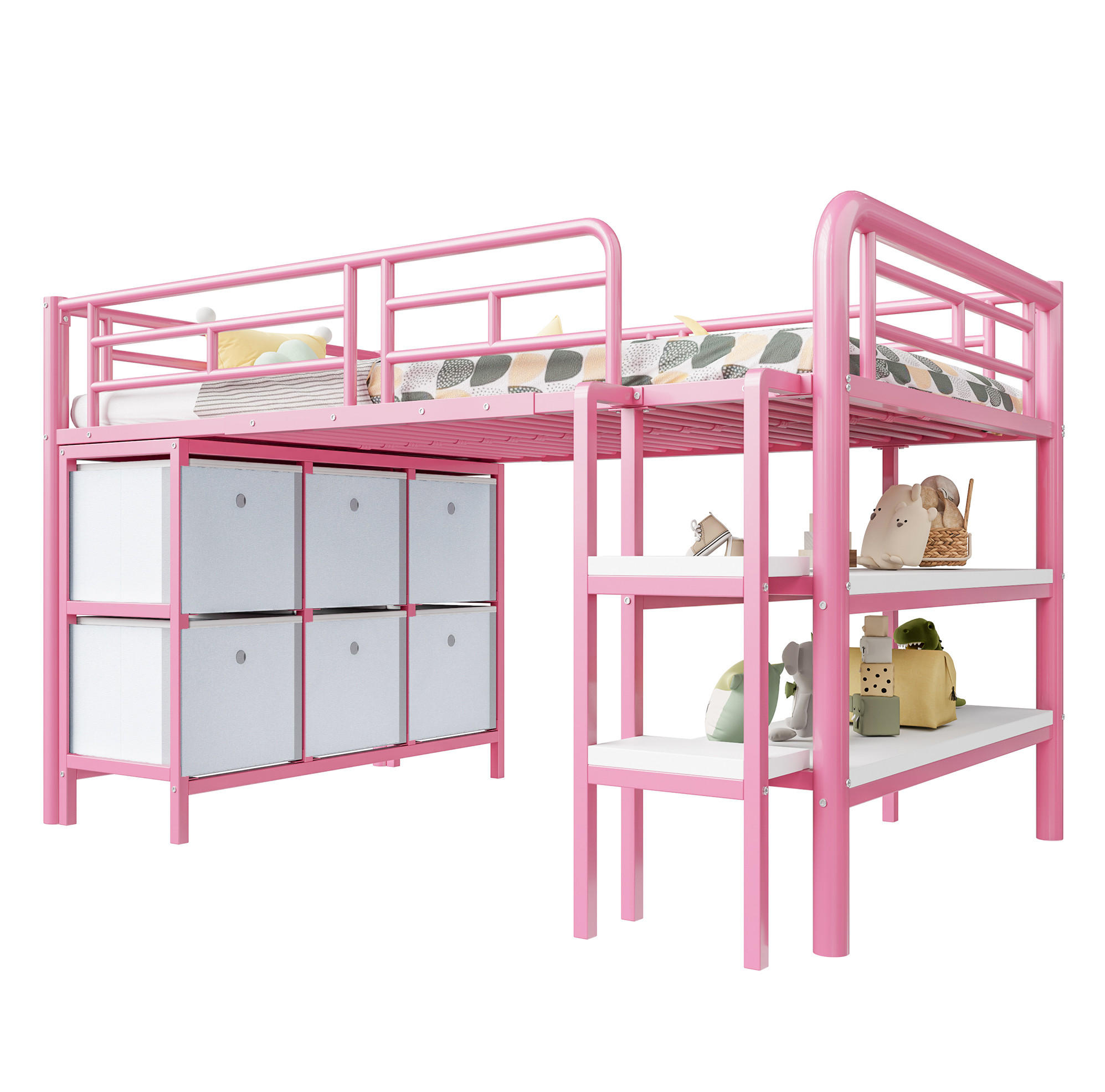 HOCHBETT 90/200 cm aus Metall mit breiter Treppe, Schubladen und Regalen, Rosa/Weiß - Rosa, Metall (90/200cm) - Redom