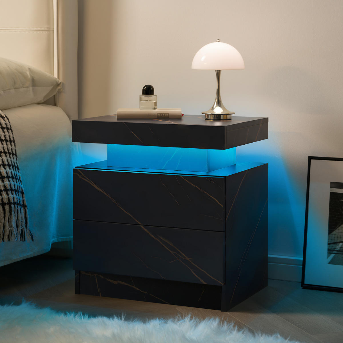 NACHTTISCH aus Holzwerkstoff 50x53x36 cm Schwarz/Gold mit LED-Beleuchtung und 2 Schubladen - Schwarz, Holzwerkstoff (50/36/53cm) - Modfu