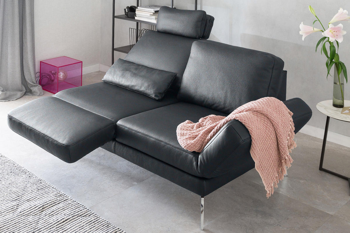 LEDERSOFA HURRICANE Schwarz Leder - Silberfarben/Schwarz, Leder (170/87/141cm) - KAWOLA