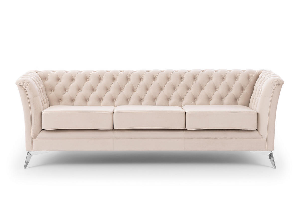 CHESTERFIELD-SOFA 3-sitzer Whitby Beige Samt mit silbernen Füßen - Beige/Silberfarben, Holz/Textil (237/78/82cm) - S-Style Möbel