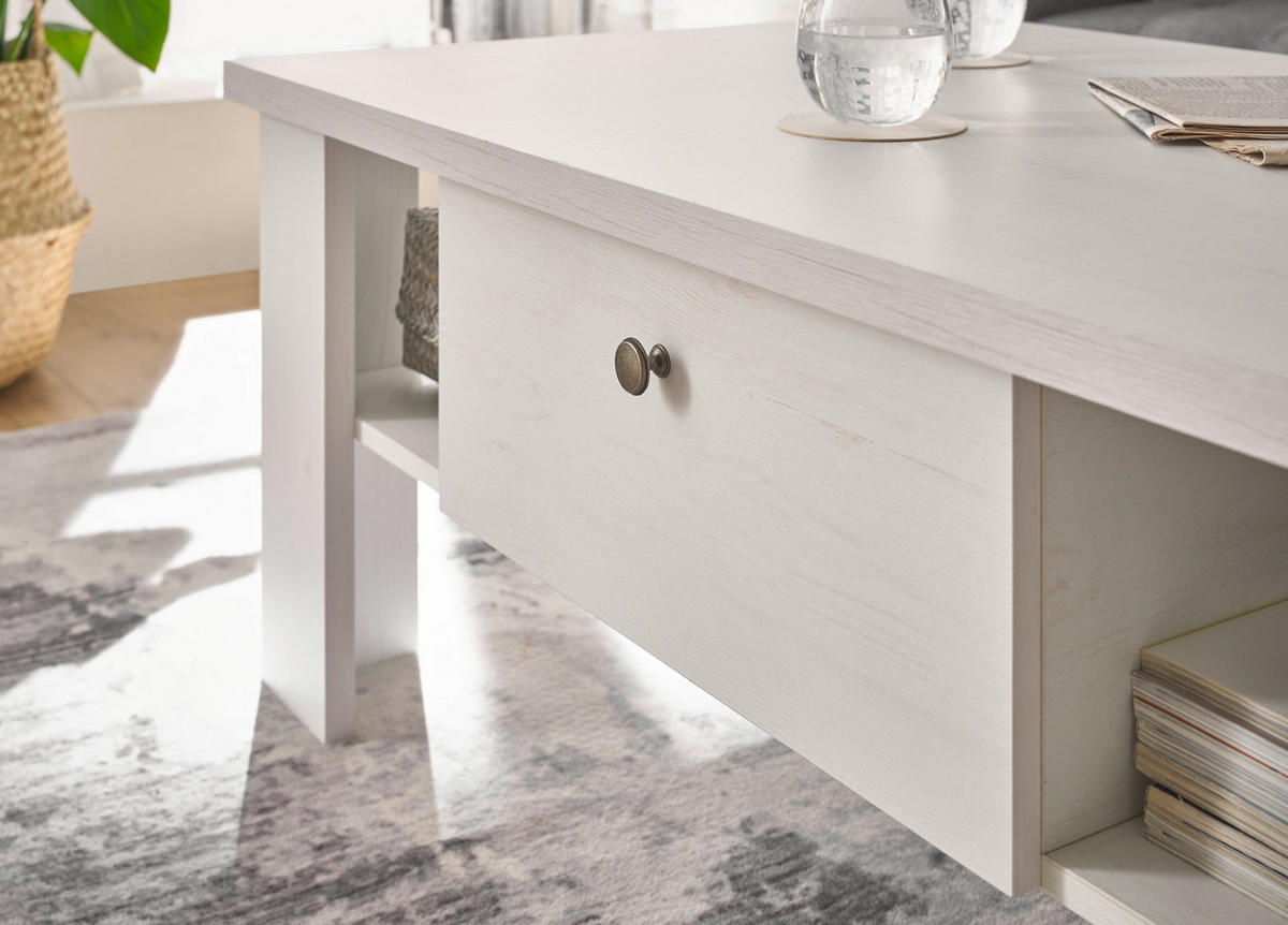 COUCHTISCH weiß Pinie Landhaus, Beistelltisch 107 x 67 cm, Soft-Close-Funktion - Weiß/Pinienfarben, Holzwerkstoff/Metall (110/70/45cm) - Furn.Design