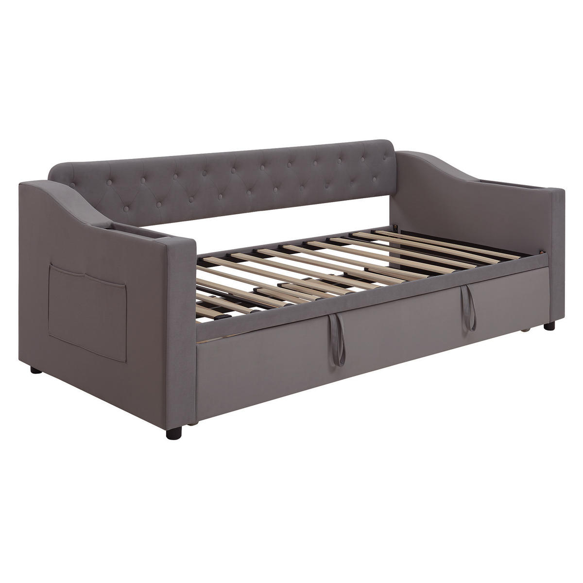 SCHLAFSOFA 90/190 cm & 180/190 cm in Dunkelgrau Samt mit USB, Type-C und Stauraum - Dunkelgrau, Holzwerkstoff/Textil (90/190cm) - WISHDOR