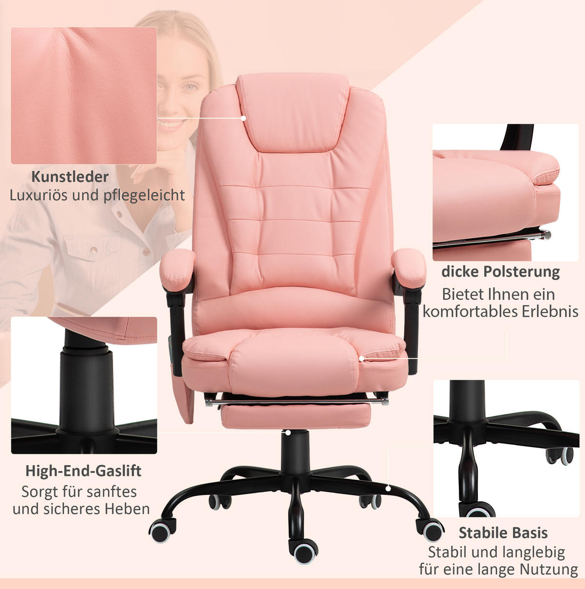 BÜROSTUHL mit Massagefunktion höhenverstellbar Pink - Pink, Metall (67/121/67cm) - Meubliv