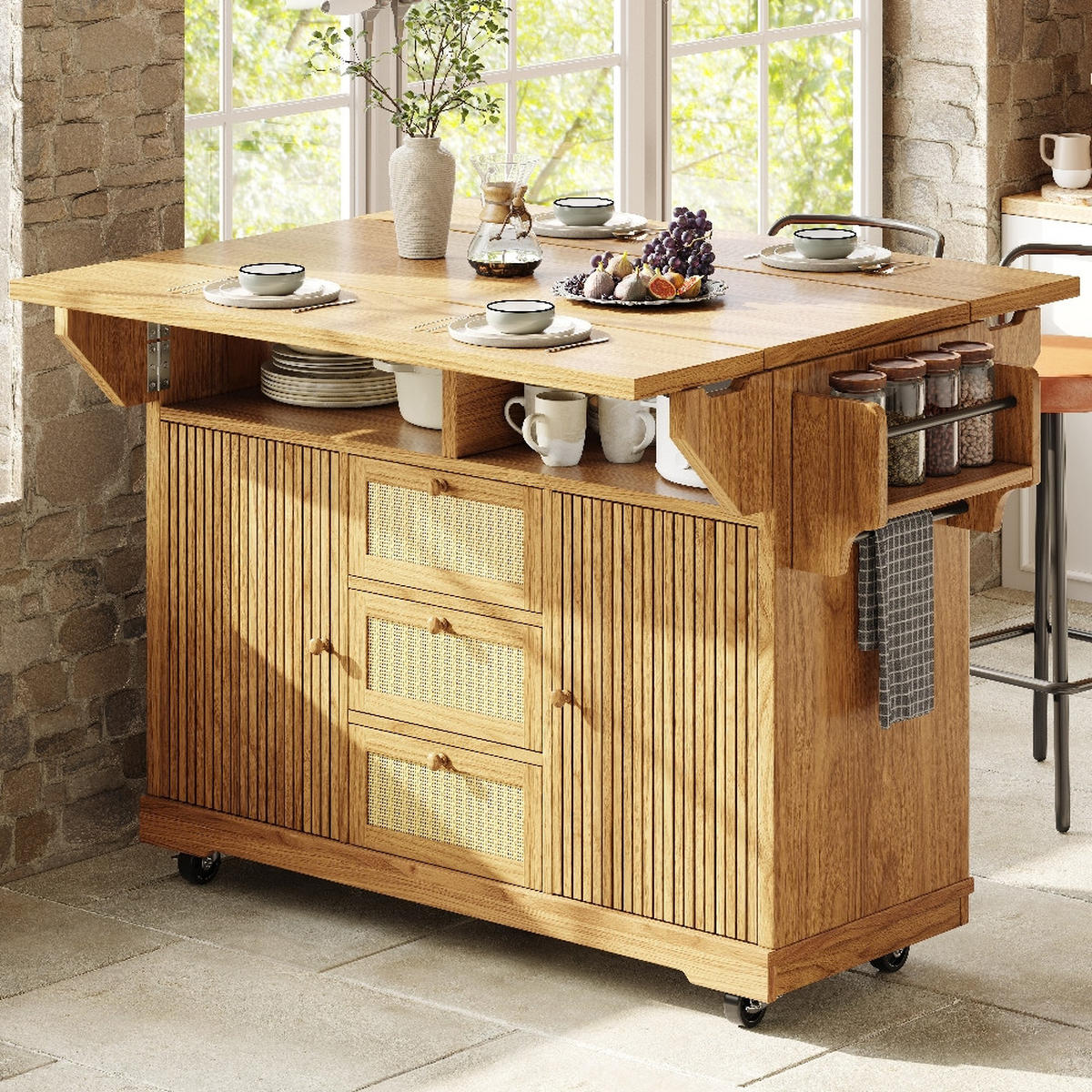KÜCHENINSEL ausklappbar in Naturbraun mit Rattan, 142,5/80/95 cm - Naturfarben, Kunststoff (80/95/142.5cm) - Rolipo