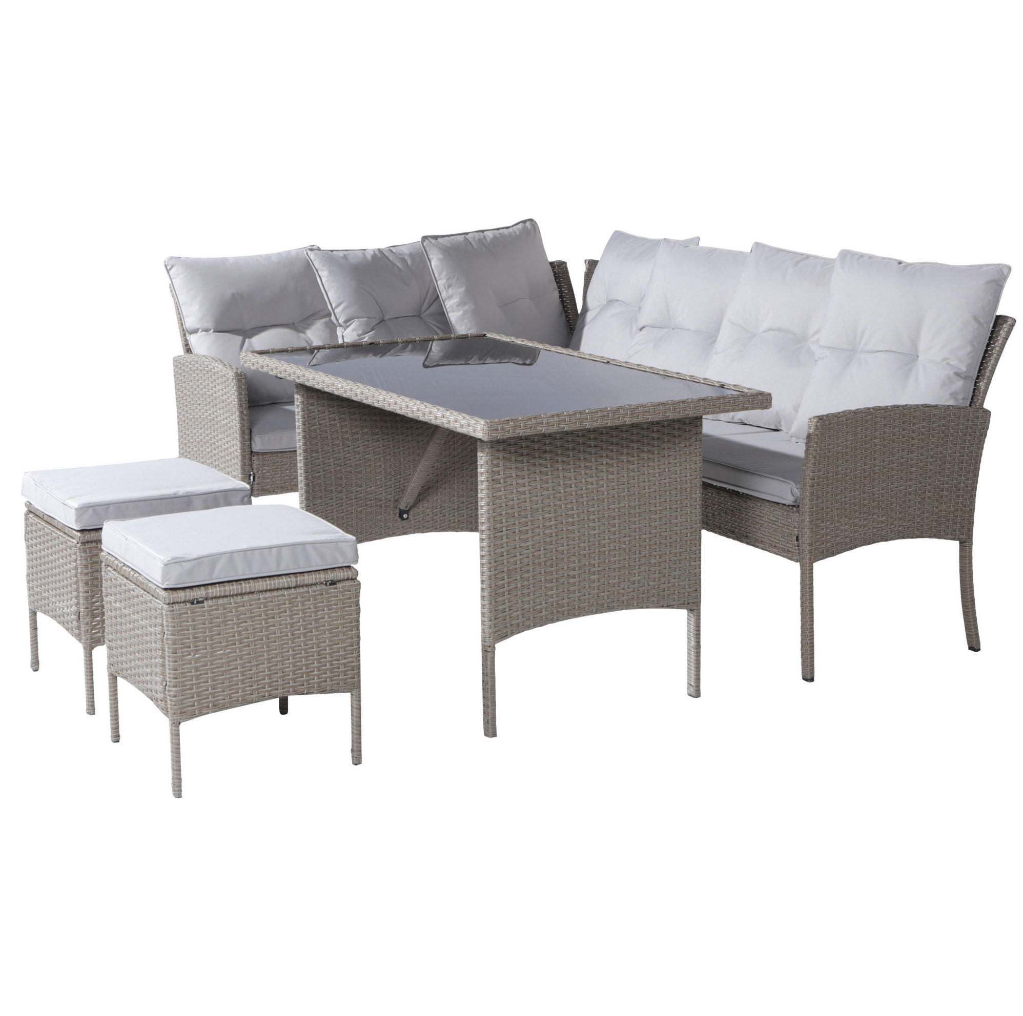 GARTENLOUNGE 195/51/78 cm khaki aus PE-Rattan mit Tisch, Hockern und waschbaren Kissen - Beige, Holzwerkstoff - OKWISH