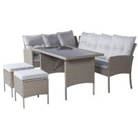 GARTENLOUNGE 195/51/78 cm khaki aus PE-Rattan mit Tisch, Hockern und waschbaren Kissen - Beige, Holzwerkstoff - OKWISH