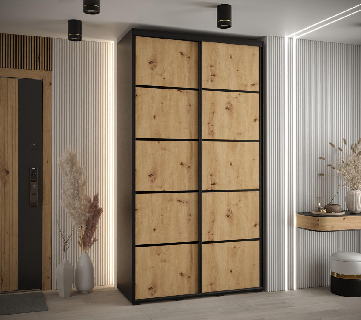 SCHWEBETÜRENSCHRANK 235,2/130/60 2-türig - Schwarz/Eiche Artisan, Holz/Metall (130/235/60cm) - Abiks Möbel