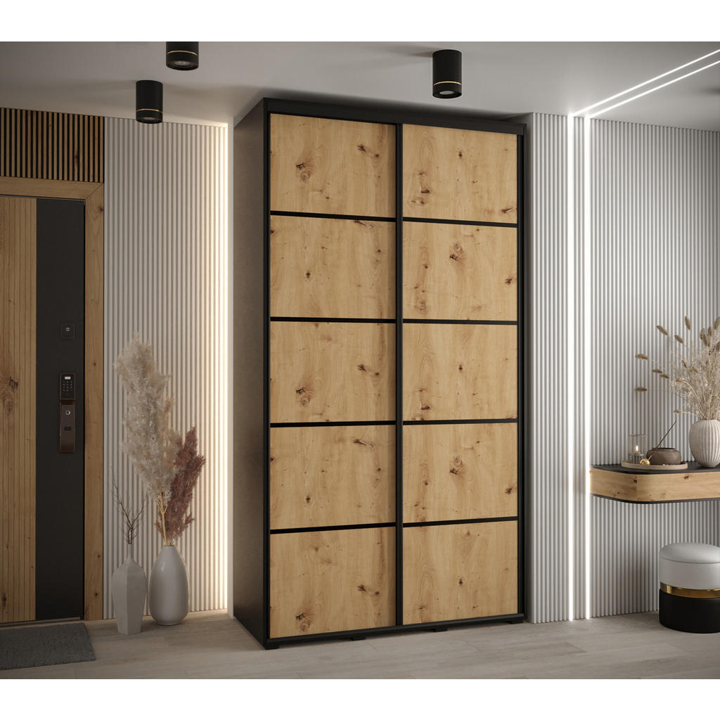 Thumbnail - Abiks Möbel Schwebetürenschrank, Schwarz, Eiche Artisan, Schwarz, Metall, Nachbildung, 6 Fächer, 130x235x45 cm, Schlafzi...