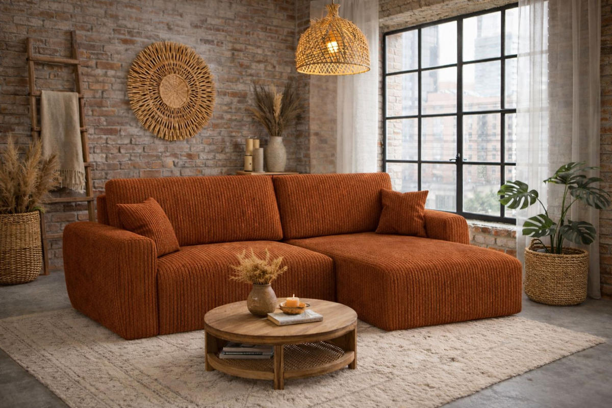ECKSOFA Mit Schlaffunktion, Ariel XL, Cordstoff, Stoff Poso, Kupfer, Rechts - Orange, Holz (280/142cm) - Kaiser Möbel